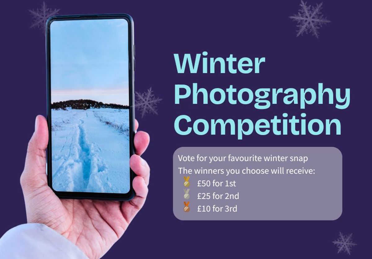 Designed graphic of a hand holding a phone with a wintery image on it and the words "vote for your favourite winter snap"
